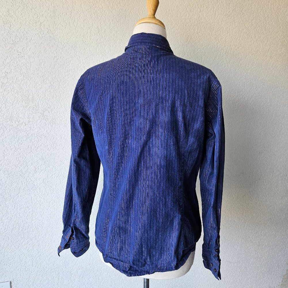 Cruel Girl Womens L Large Blue Navy Copper Gold Stripe Western Long Sleeve Shirt - Picture 6 of 7